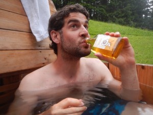 Aaron hot tubbing drinking honey rum