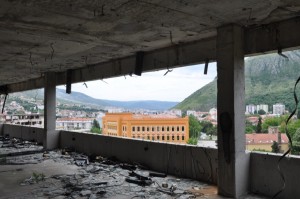 The reconstructed school, as seen from a former sniper location in a still-unfinished high rise.