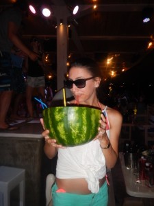 Sipping from a watermelon. 